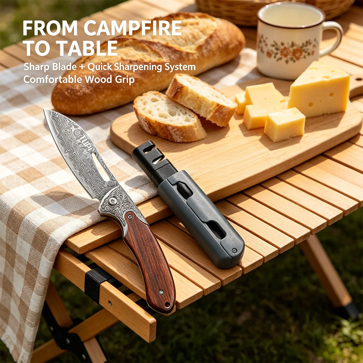 Professional Damascus Steel Folding Knife/Sharpener- Outdoor Camping Pocket Knife, Portable Small Sharp Blade For Fishing Hiking