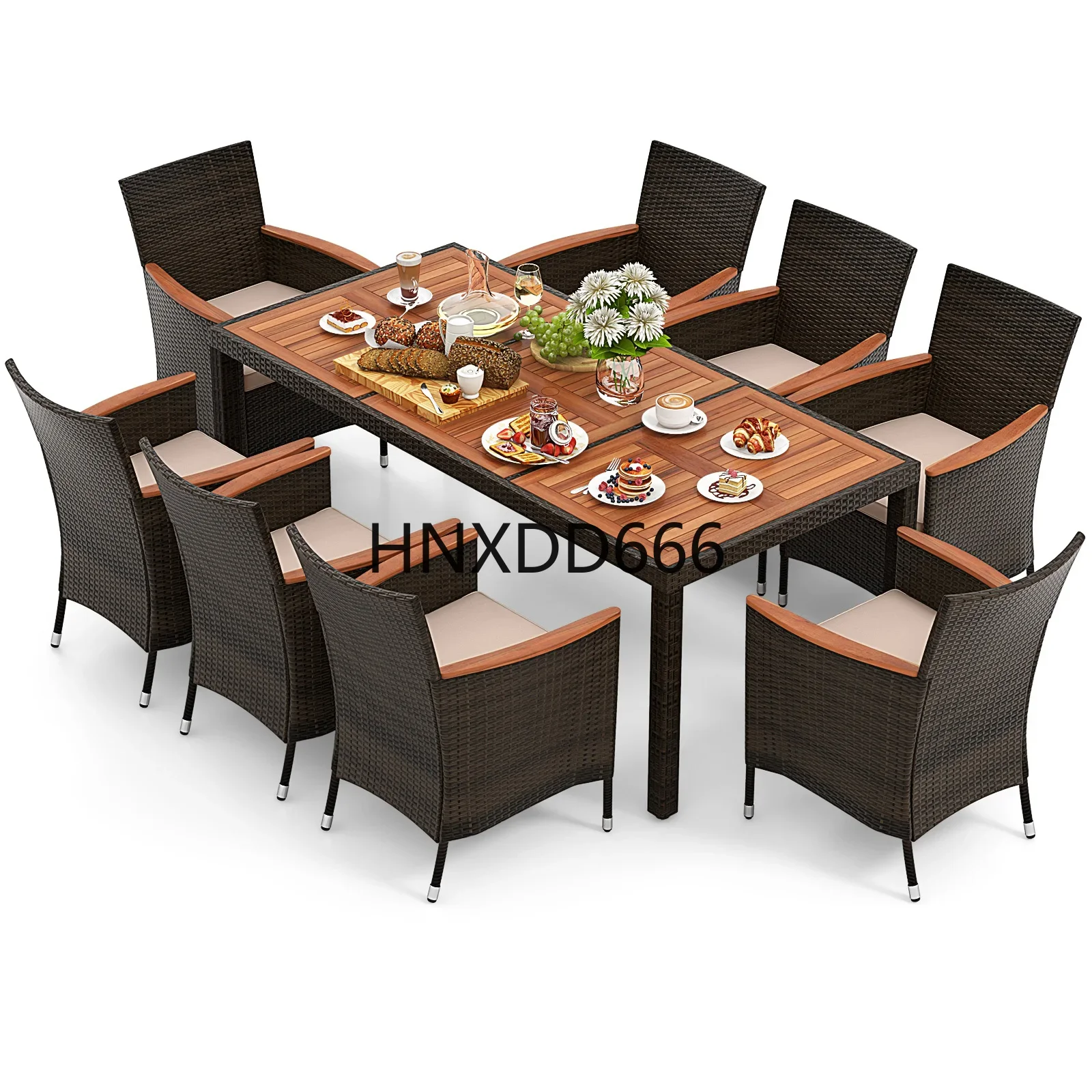 9PCS Patio Wicker Dining Set Acacia Wood Table Top Umbrella Hole Cushions Chairs