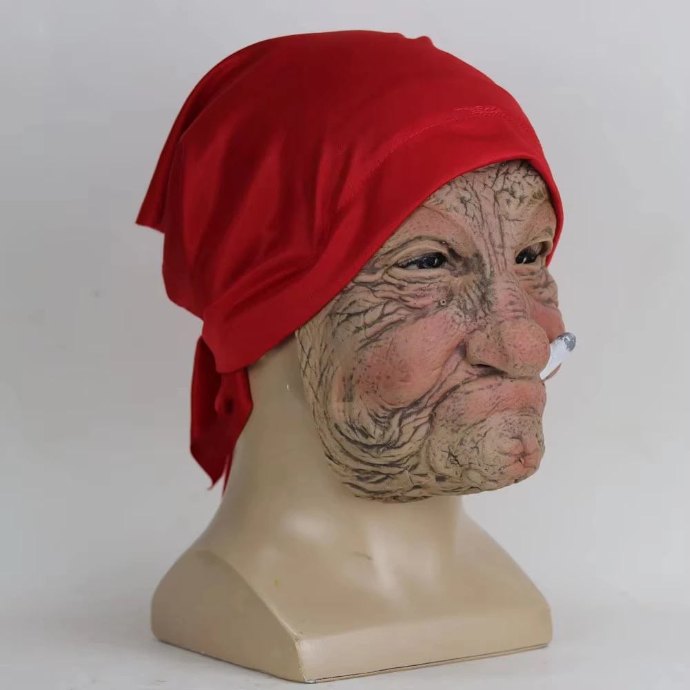 Funny Smoking Granny Old Nana Latex Mask Lady Grandma With Wrinkled Face and Red Scarf Masks Halloween Party Costume Props - view 3
