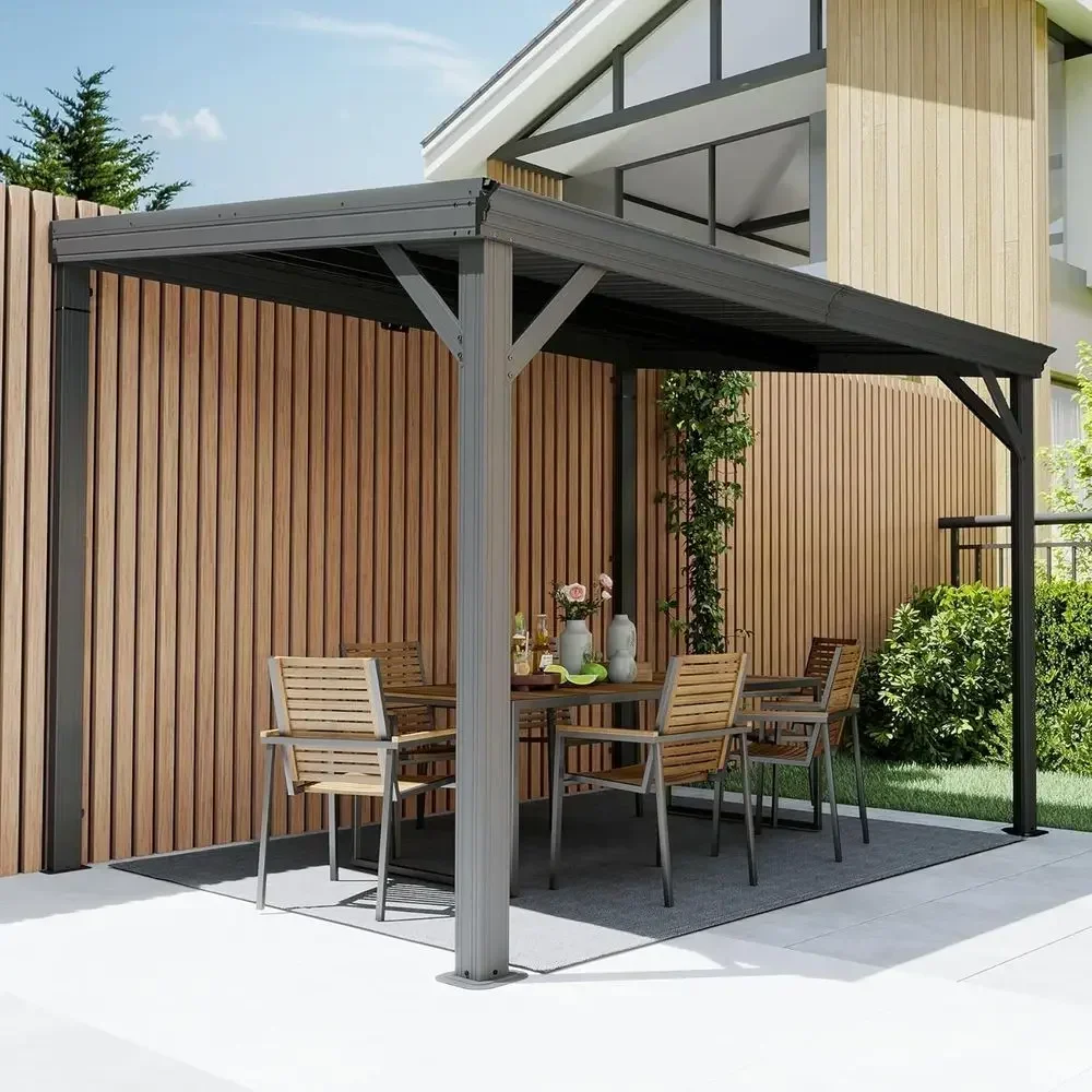 8'x10' Hardtop Gazebo Pergola with Galvanized Steel Roof and Drainage System, Outdoor Metal Patio Shelter