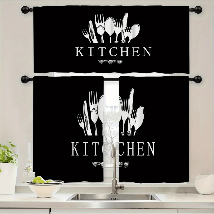 Minimalist Kitchen Curtains, Black Utensil Fork Spoon, Digital Print, Kitchen Dining Room, Rod Pocket Polyester, Home Decor