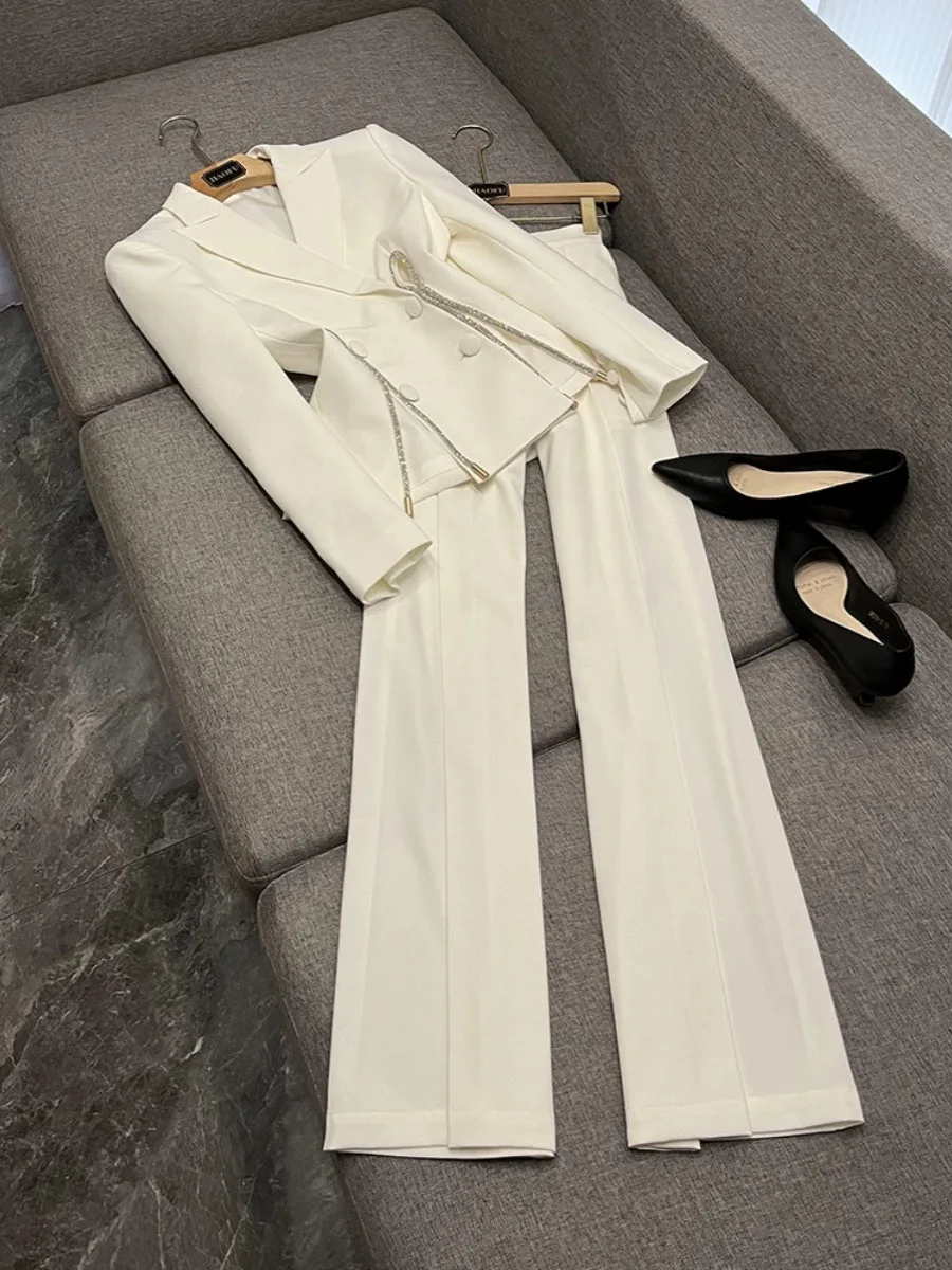 

HIGH QUALITY 2024 New Diamond Inlaid Chains Slit Jacket White Yellow Pants Sets Suit Elastic Waist Pants 2Piece Set Outfit Women