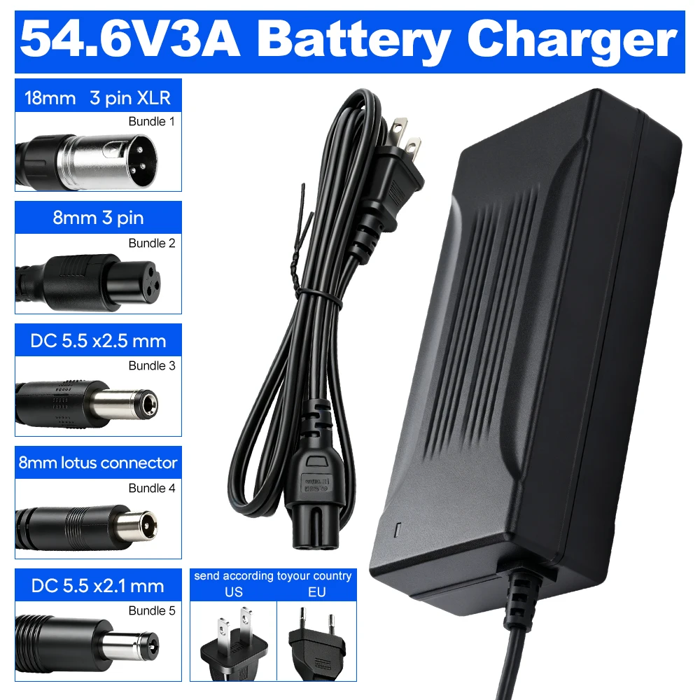 54.6V 3A 12S Lithium Battery Charger Power Adapter for Electric Scooter E Bike Electric Skateboard Balance Vehicle Li-ion Battery Charging Supply 5 DC Connector Options XLR 8mm 3 Pin 5.5x2.1mm 5.5x2.5mm 8mm GX12 Lotus US EU Plug