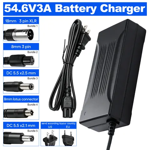 54.6V 3A 12S Lithium Battery Charger Power Adapter for Electric Scooter E Bike Electric Skateboard Balance Vehicle Li-ion Battery Charging Supply 5 DC Connector Options XLR 8mm 3 Pin 5.5x2.1mm 5.5x2.5mm 8mm GX12 Lotus US EU Plug