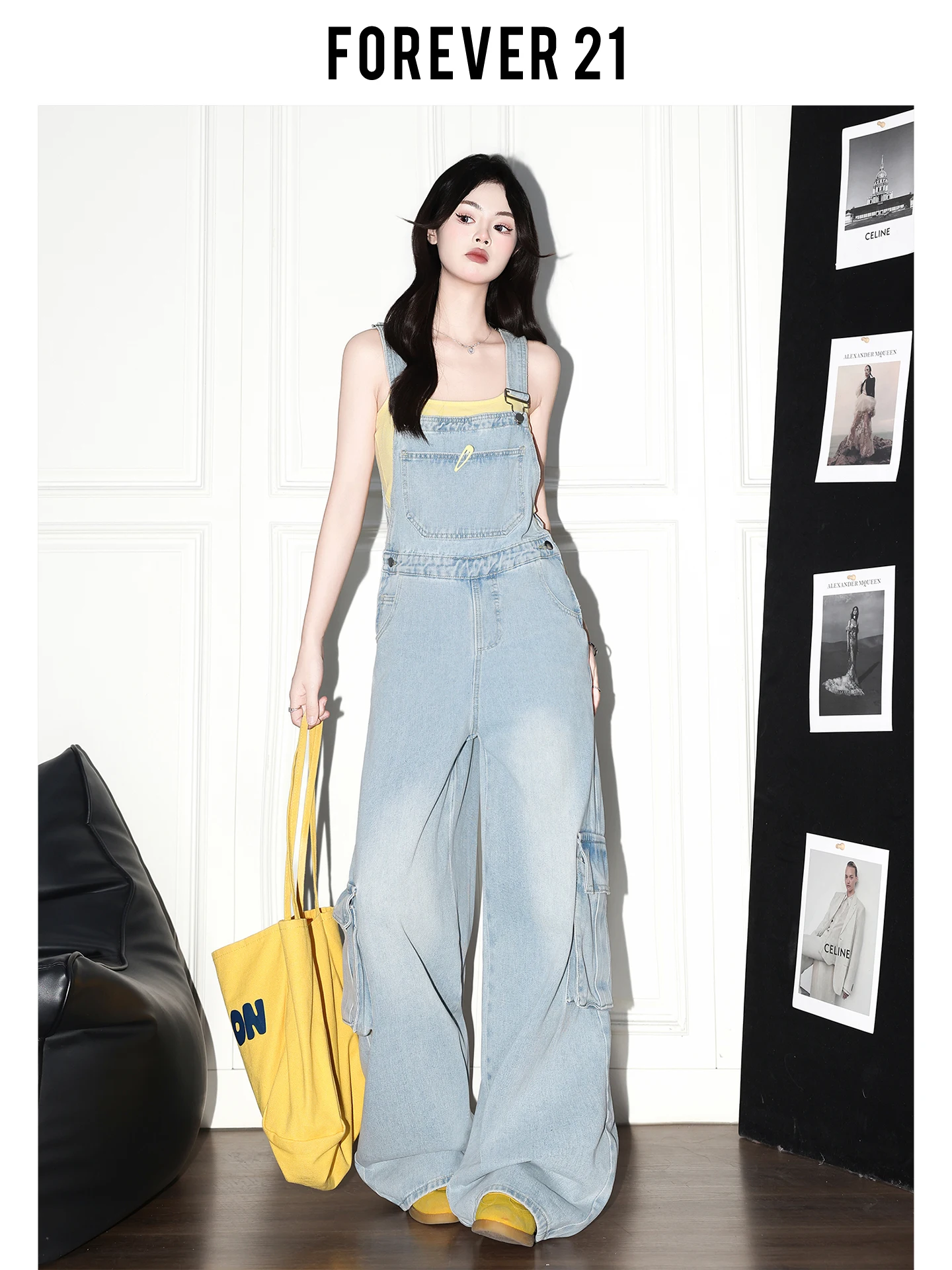 Overol de Mezclilla de Cintura Alta Estilo Americano Forever 21, Pantalones Cargo Holgados de Pierna Recta para Mujer, Overol...