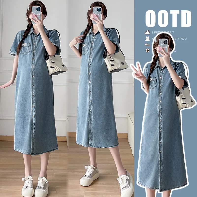 

Pregnant Women's Summer Denim Dress 2025 New Fashionable Summer French Retro Denim Shirt Dress
