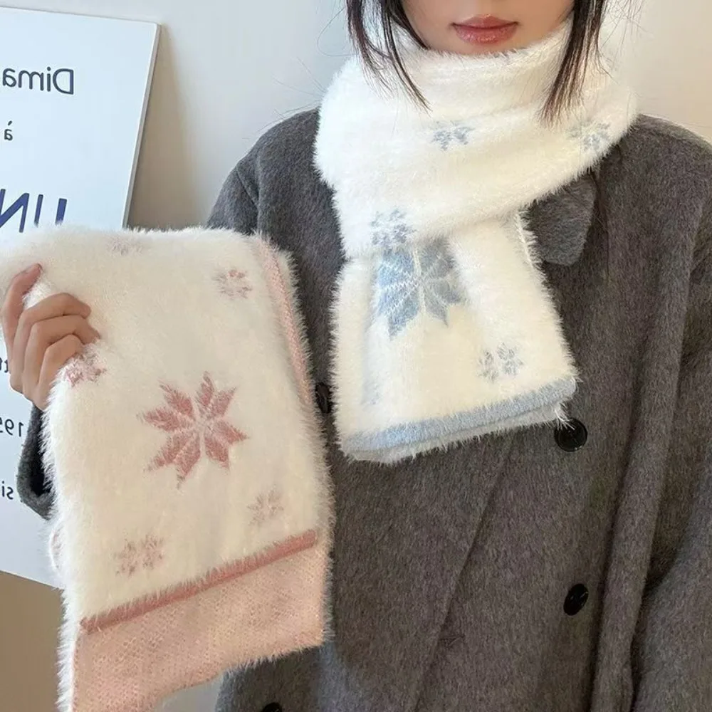 Double-Sided Faux Mink Snowflake Scarf for Women Korean Sweet Fall Winter Warm Neck Warmer for Girls Fluffy Knit Neck Wrap