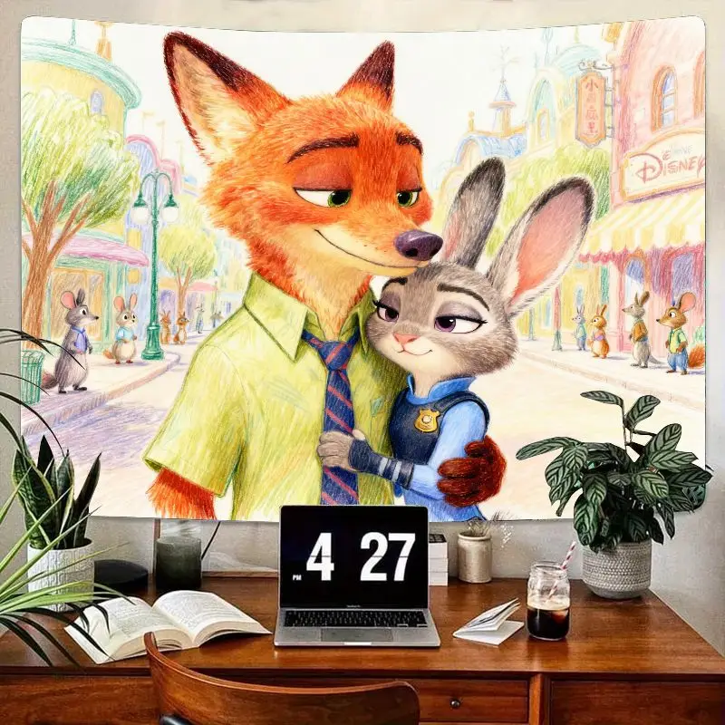 

1 шт., гобелен Disney Zootopia Nick & Judy Fox Bunny, полиэстер, настенное искусство, домашний декор, подарок для фанатов