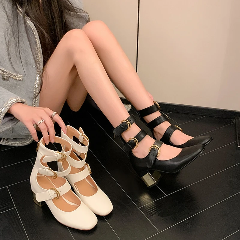 

Women's new leather, cowhide, metal elastic belt buckle, round toe high heels, fashion single shoes, work shoes, Roman shoes