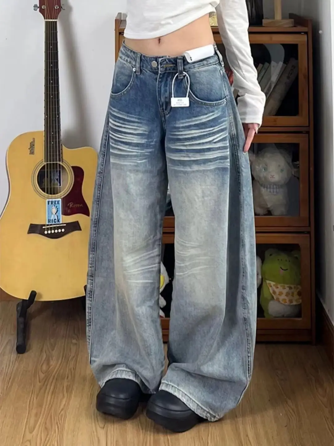 Y2k inverno jeans feminino grosso velo forrado calças de cintura alta perna larga baggy em linha reta calças compridas americano retro lavado denim