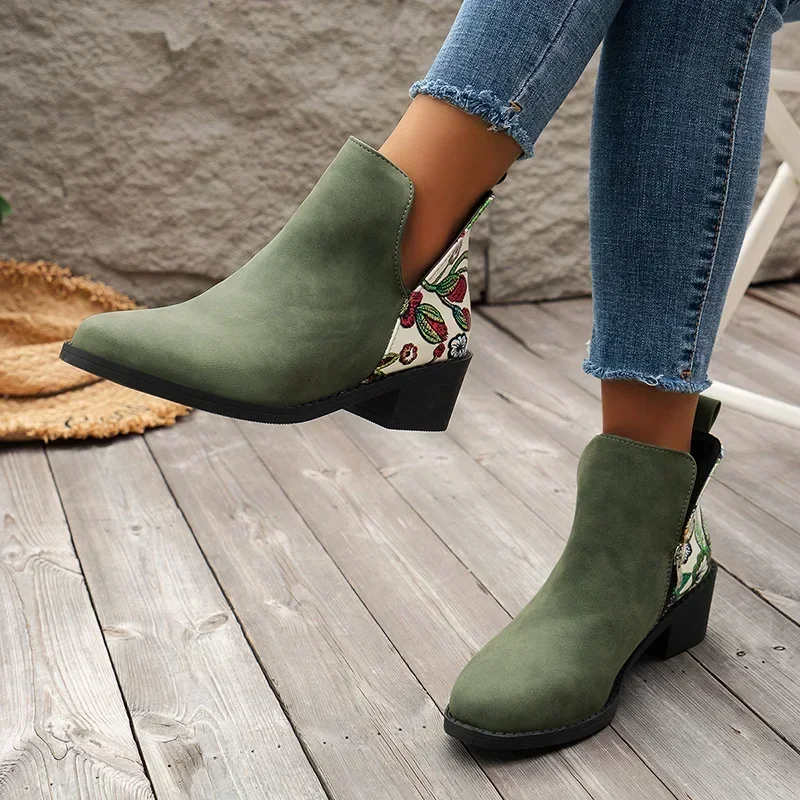 Retro Mid Heels Pointed Toe Casual Ankle Boots Autumn Flower Patterned Patchwork Boots Botas Mujer Booties Feminina Women Shoes