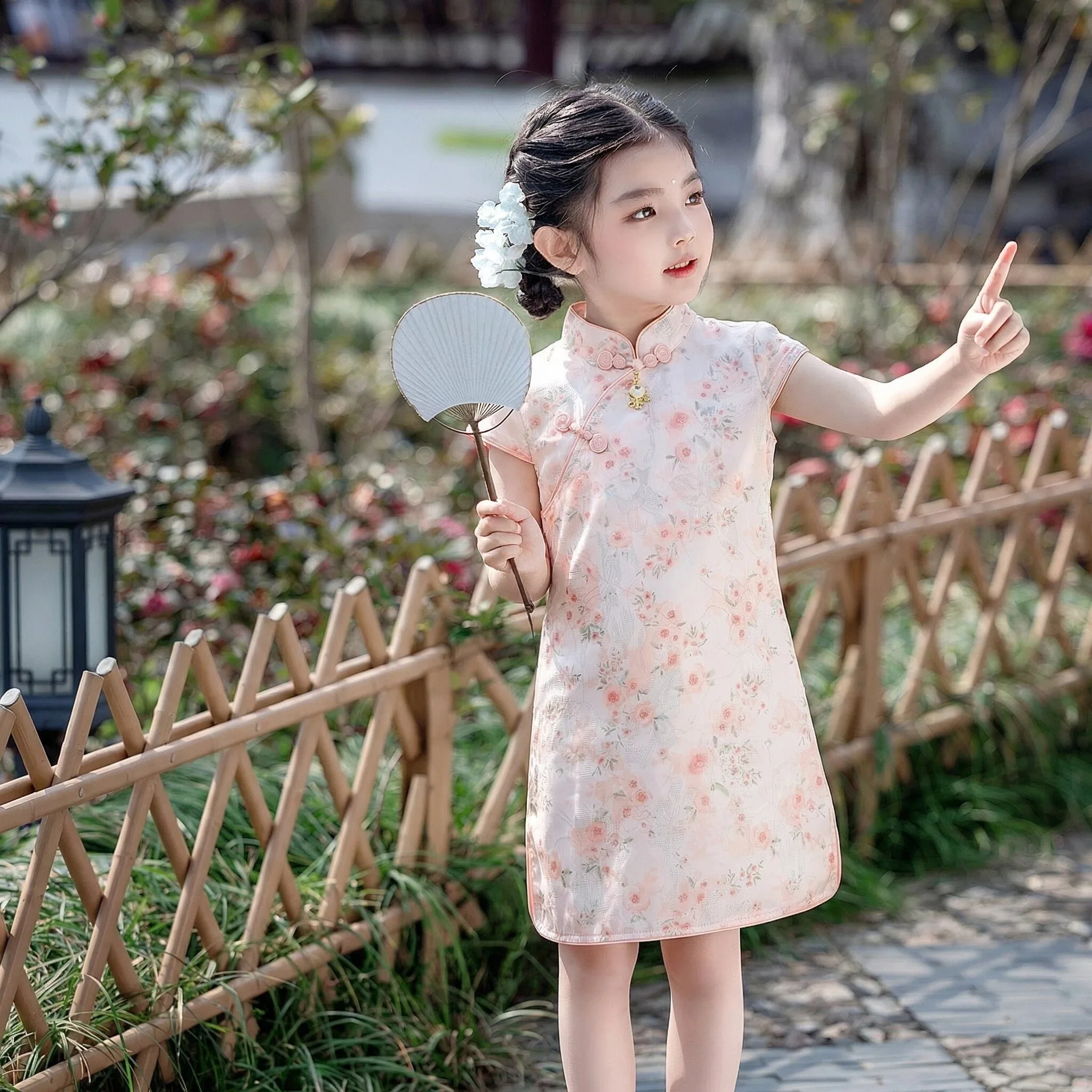 Baby Girls Peach Blossom Cheongsam Dance Dress Traditional Chinese Stage Performance Festival Wear Toddler Clothing Size 2-9 Y
