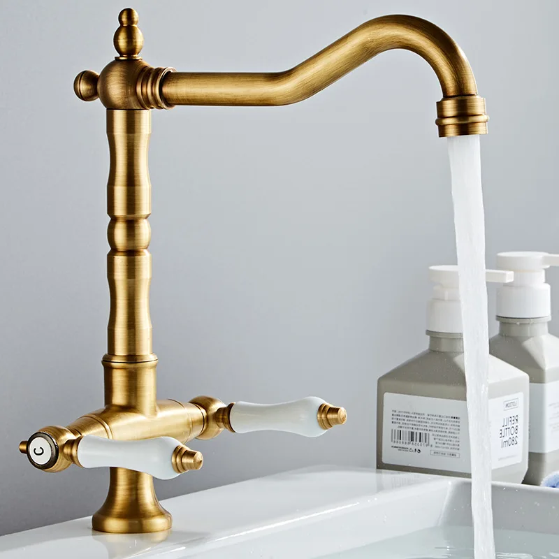 

Faucet for Kitchen Dual Handle Antique Brass Retro Faucet 360 Degree Rotation Kitchen Sink Taps Deck Mounted Bathroom Sink Mixer