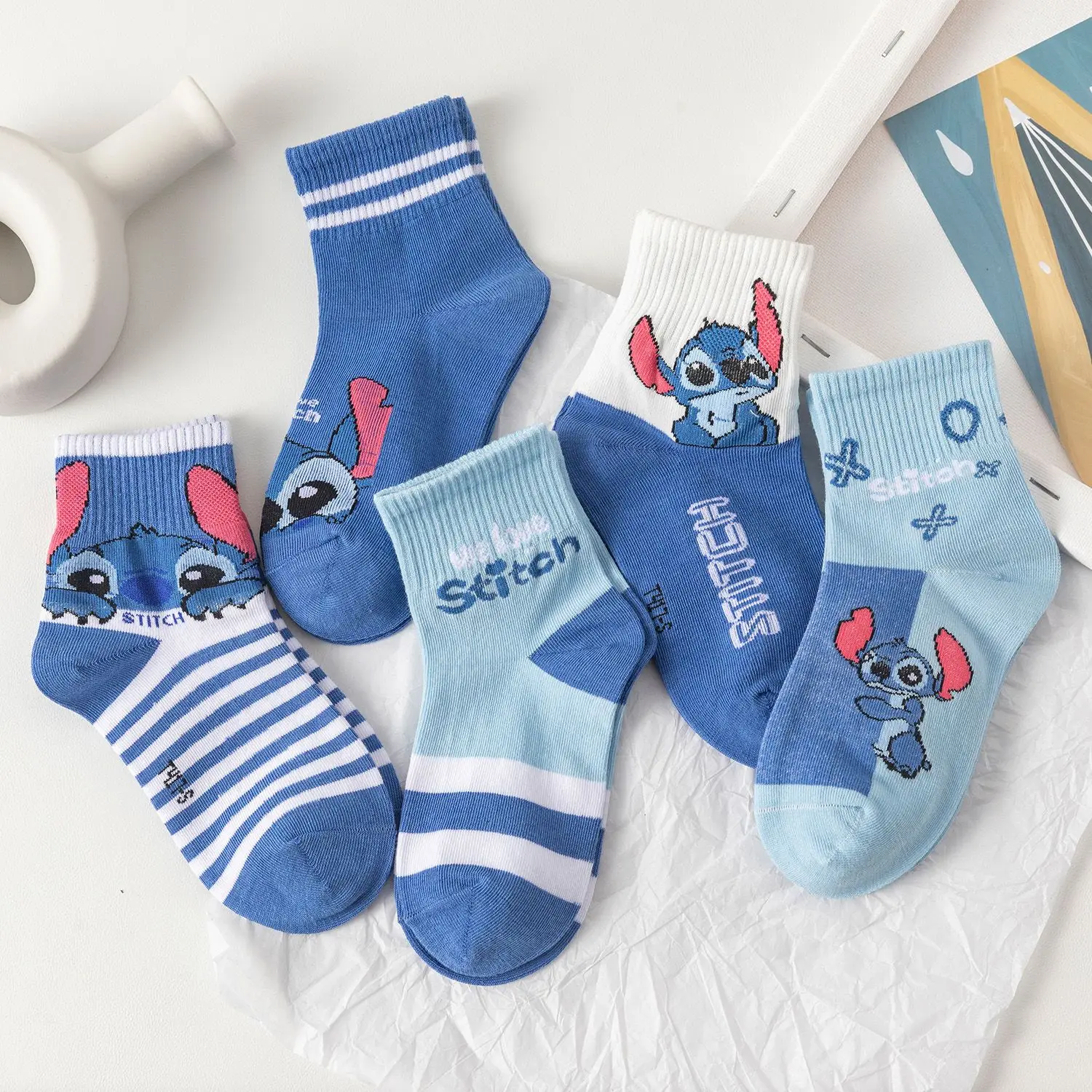 5Pairs Stitch Cotton Socks Sanrio New Girls Breathable cartoon Cute Boat Women\'s Sock Combed Cotton Women\'s Boat Socks