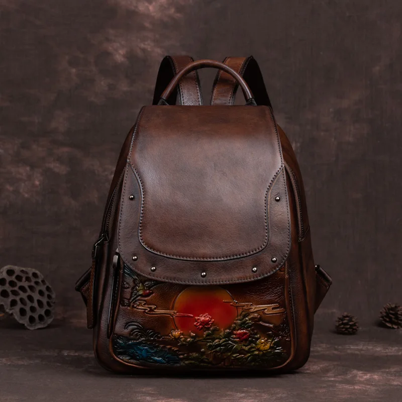 Retro Genuine Leather Backpack Women Handmade Embossed Vintage Bag Chinese Style Ladies Cowhide Backpack