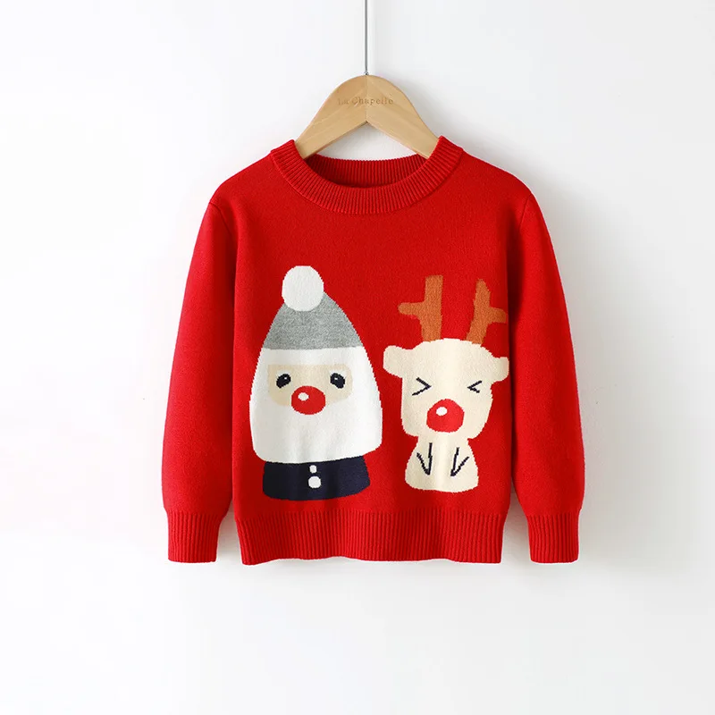 Children Christmas Cartoon Knitted Sweaters Red Green Long Sleeve O-neck Pullover Outwear Fashion Kids Unisex Clothes A3146-2