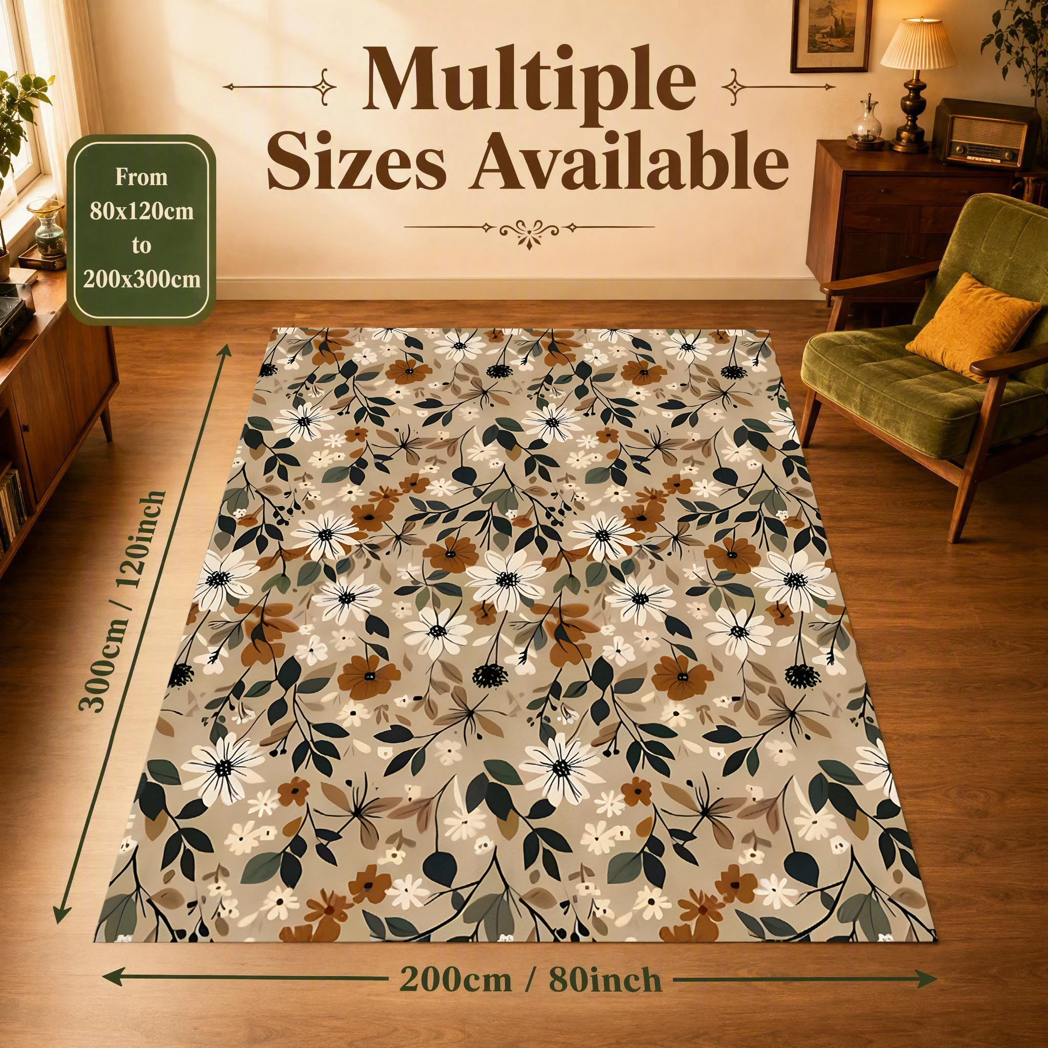 Warm Orange-Brown Floral Print Vintage Pastoral Style Autumn and Winter Velvet Rug, Suitable for Living Room and Bedroom, Creating a Healing Autumn Harvest Atmosphere
