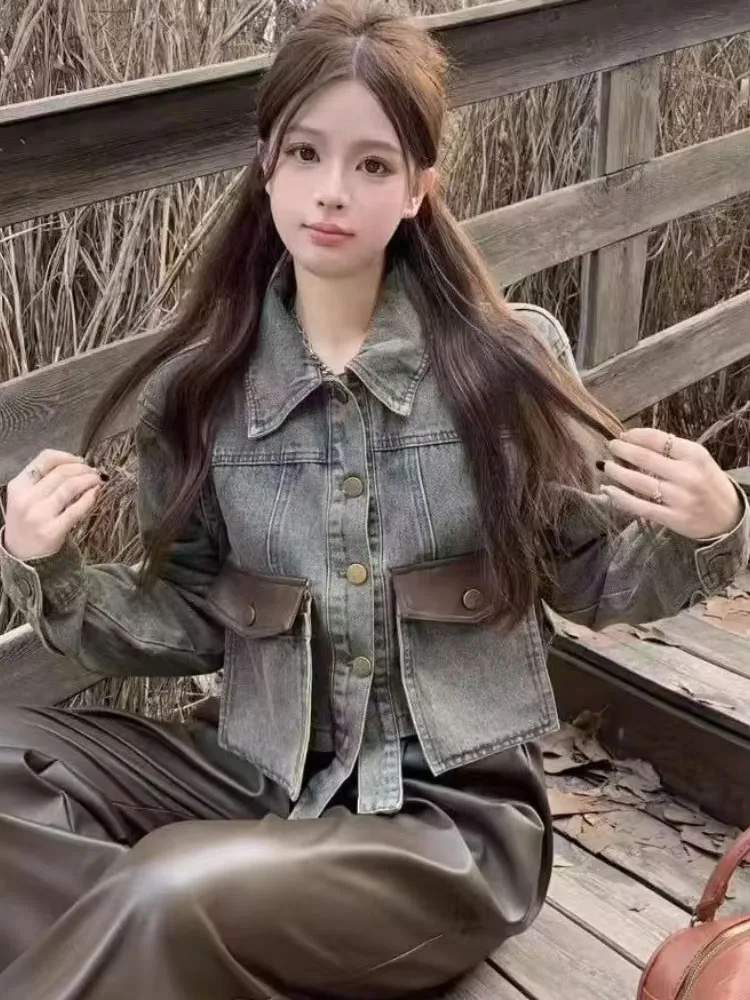American Vintage Denim Coat Long Sleeve Pockets Patchwork Irregular Jackets Y2k Harajuku Design Crop Tops Slim Women's Clothing