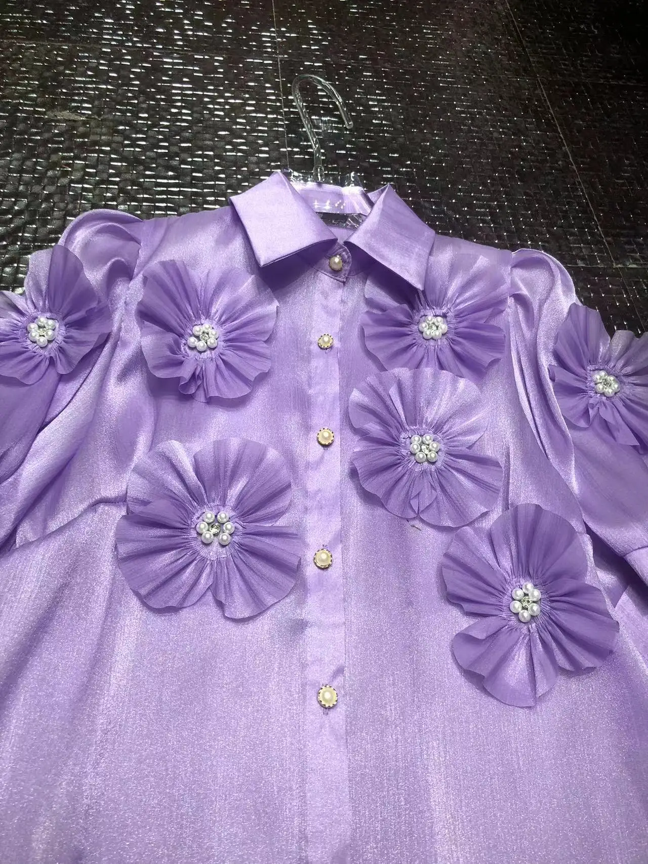 Real Photo Beaded Flowers Stitch Camisas 2024 Summer Short Sleeve Diamonds Buttons Up Shirts Blouses For Women Tops Blusas