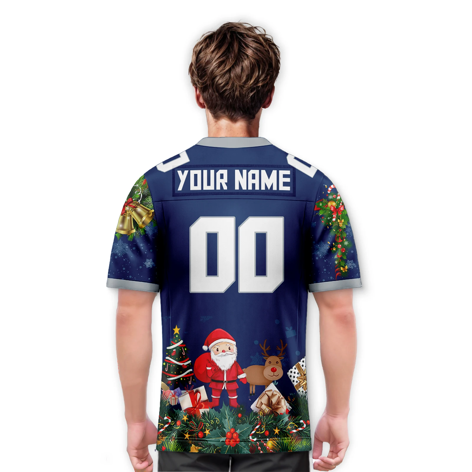 Navy Blue Custom Christmas American Football Jersey for Men Women Youth Kids Santa Design Print Team Name Number Uniforms