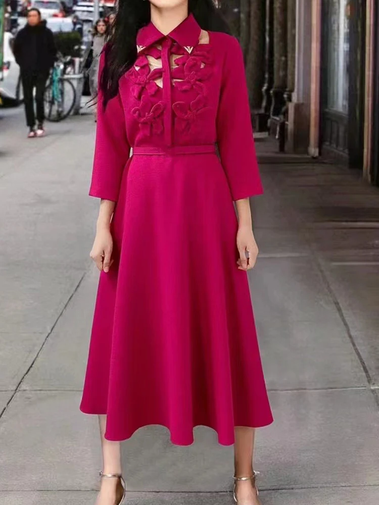 Retro 2024 women's autumn new irregular hollow sleeve dress with lapels on the chest, slim waist and big A-shaped long skirt.