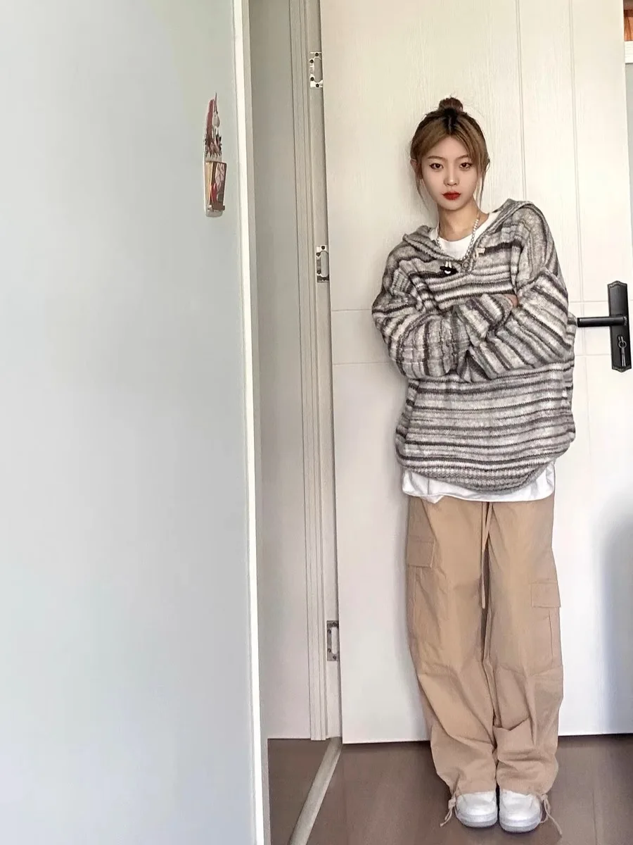 

Мужская полосатая толстовка с капюшоном в американском стиле, вязаный свитер для пар, ленивый винтажный дизайн, зимний теплый повседневный топ Thi Long Sve