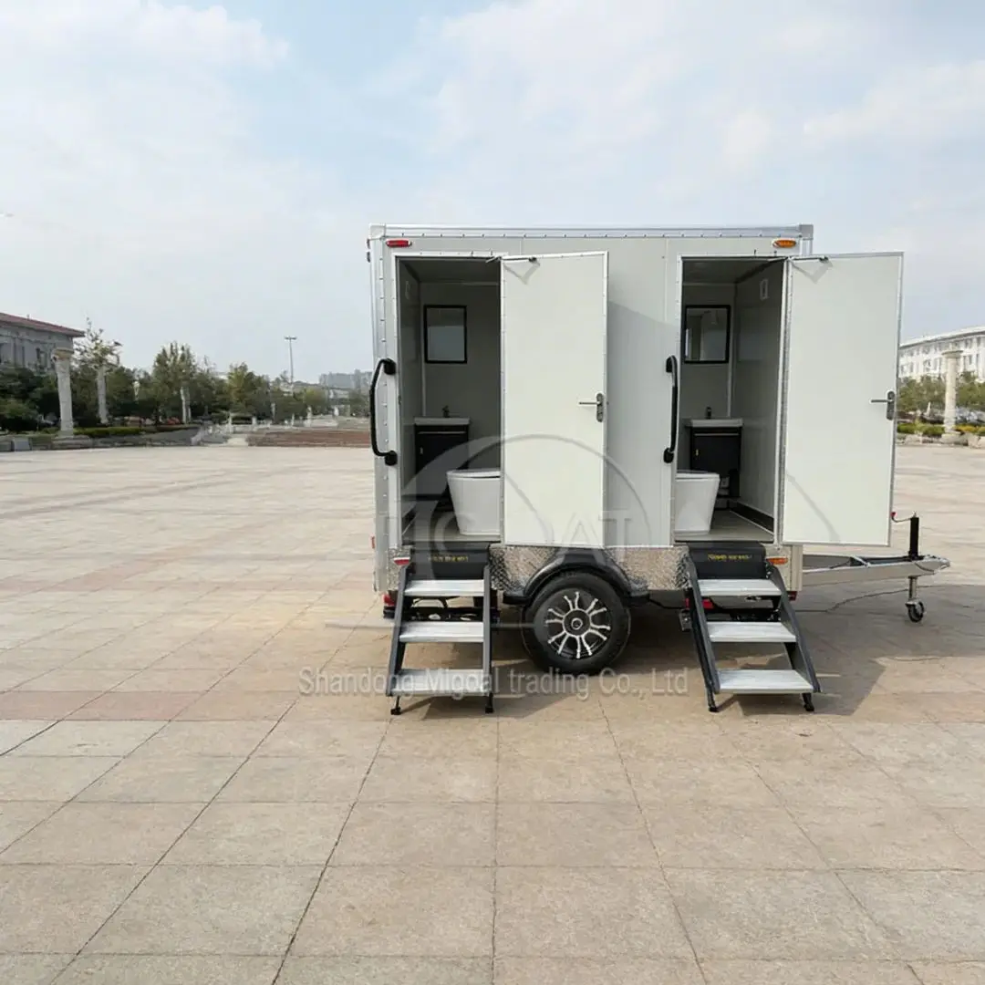 Portable Restroom Unit with 2-Cabin Flush Toilet And Wash Basin for Outdoor Events Rail-Mounted