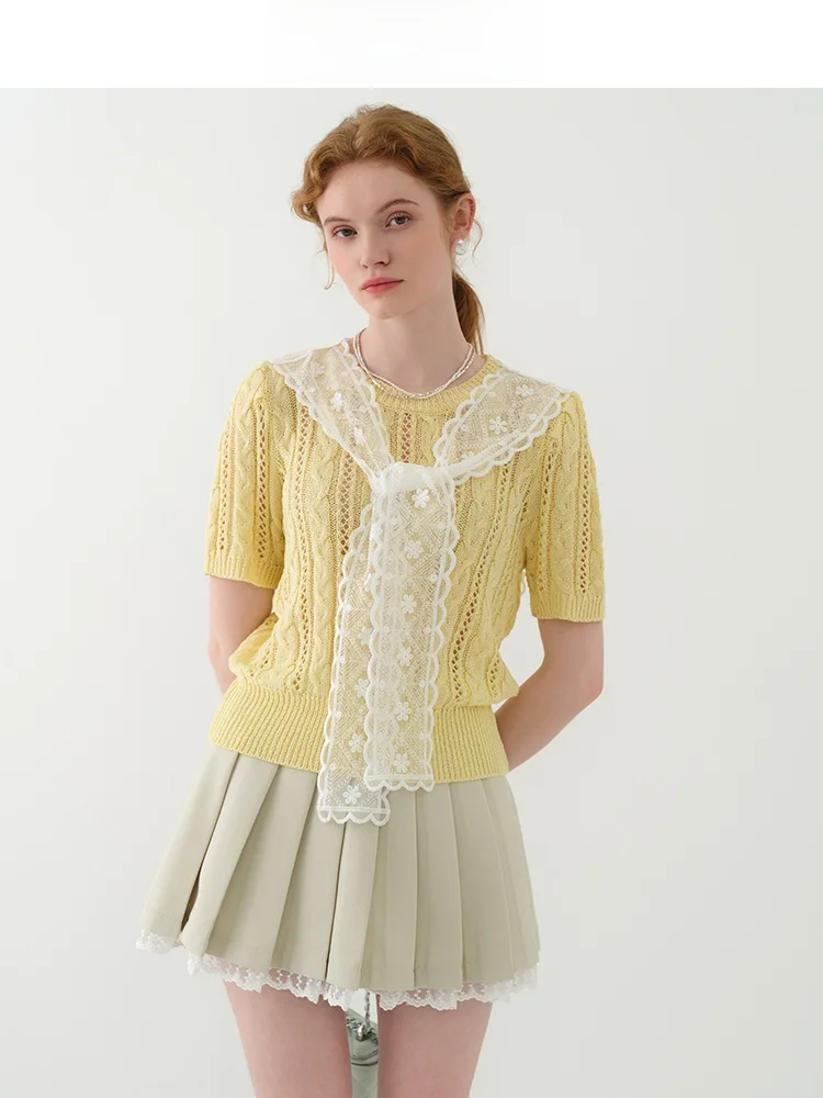 

Женский вязаный топ с кружевом и запахом Ele, ort Sve, лето 2022, новый дизайн, универсальный милый круглый топ Ne