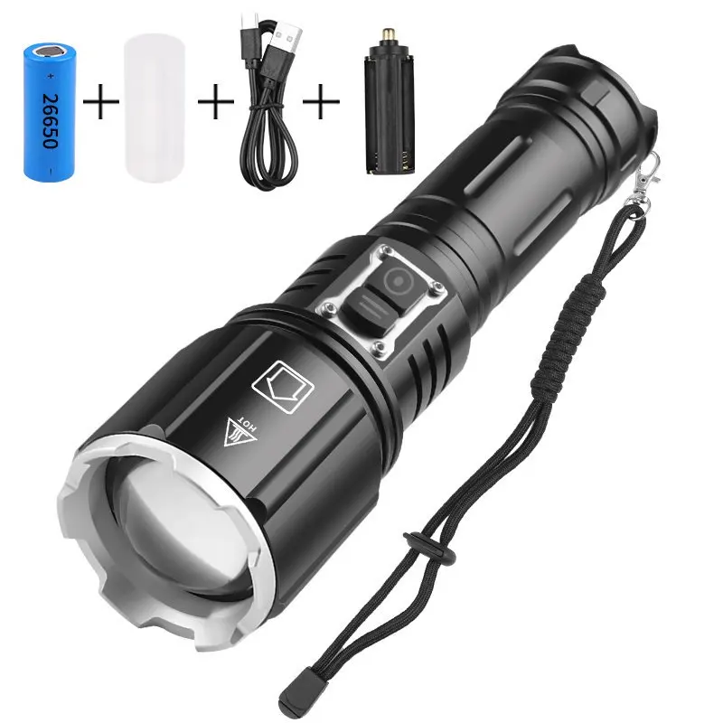 Super Bright P160 LED Flashlight USB Rechargeable 5 Modes Zoomable Torch Waterproof Tactical Flashlight for Camping Emergency
