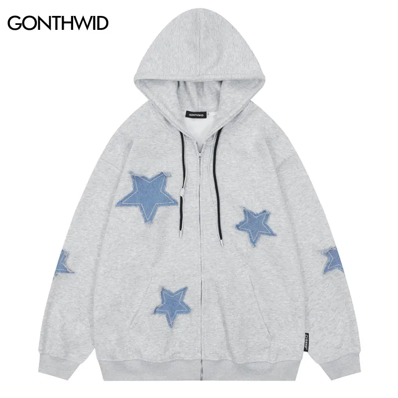 

Hip Hop Hoodie Sweatshirt Jacket Y2K Streetwear Vintage Retro Star Patch Zip Up Hooded Streetwear Coat Men Harajuku Casual Loose