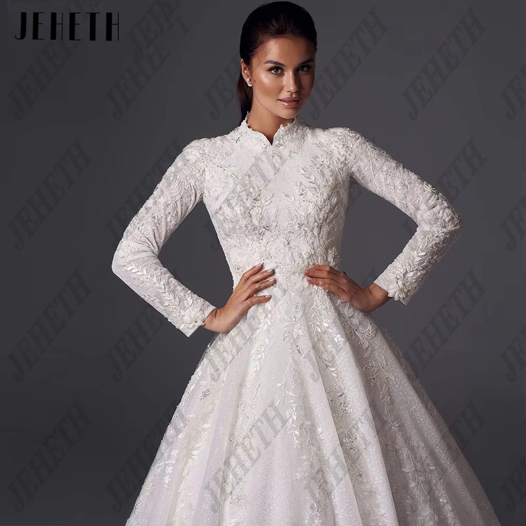 JEHETH イスラム教徒 A ラインのウェディングドレスサテンのウェディングドレスハイネックしわステッカーフルセットのウェディングドレスシンプルな 2025 カスタマイズ JEHETHムスリムA字型ウェディングドレスサテンウェディングドレスハイネックしわシール全セットウェディングドレスシンプル2025カスタム