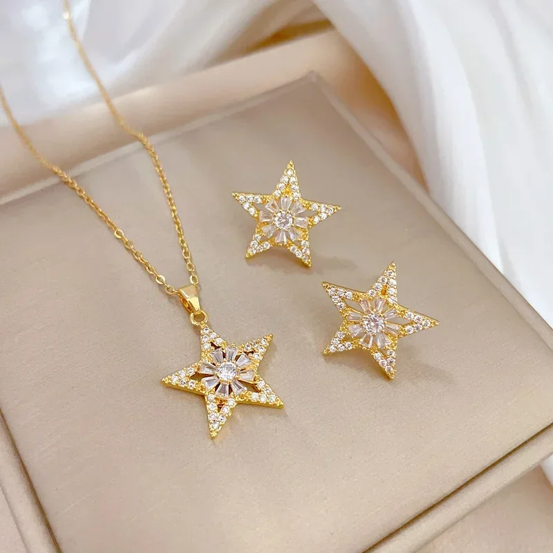 Draweye Jewelry Sets Korean Fashion Sweet Elegant Rhinestone Pendant Necklace for Women Zirocn Simple Collares Para Mujer