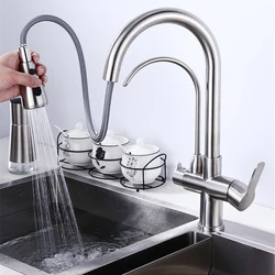 304 Stainless Steel Kitchen Faucet, Pull Down Tap, Mixer Tap, Hot and Cold, Purified Water, Basin Sink, 3 in 1