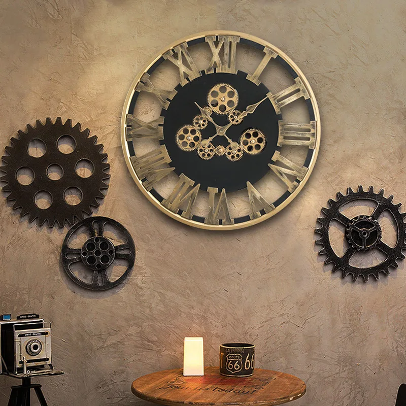 Vintage industrial style art clock living room wall decoration, creative mechanical style decorative clock