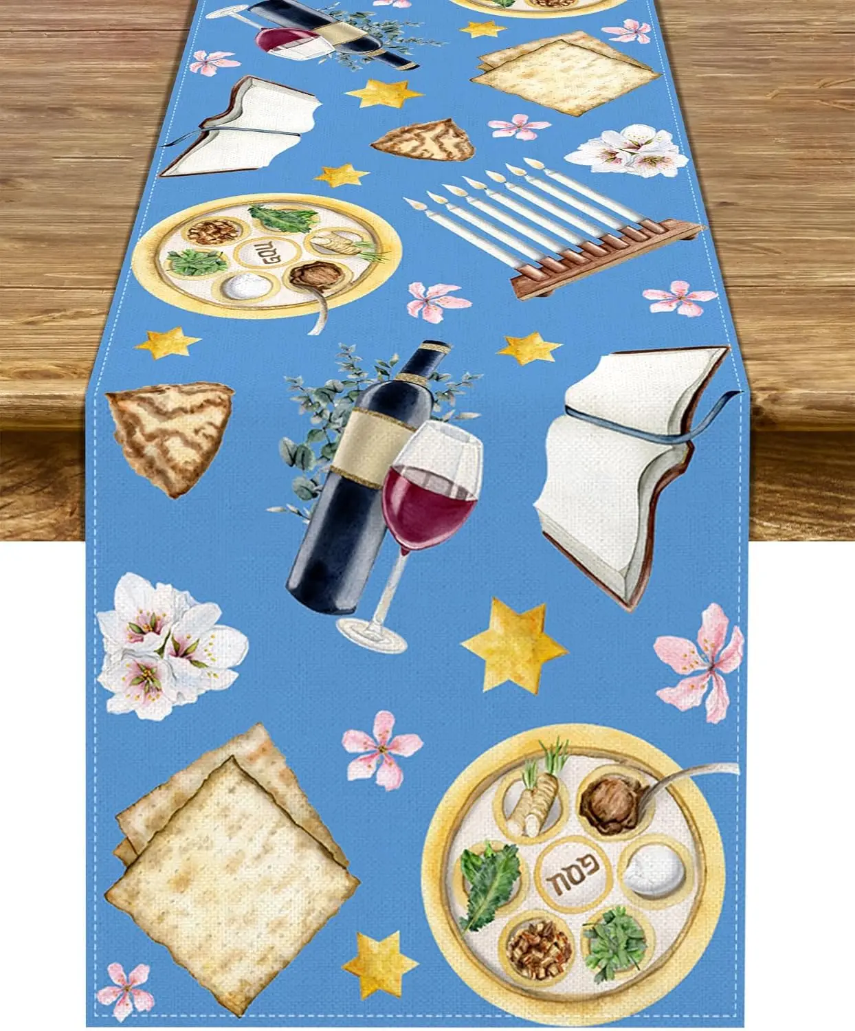 Happy Passover Linen Table Runner Home Party Decor Matzo Red Wine Seder Jewish Pesach Table Runners Kitchen Dining Table Decor