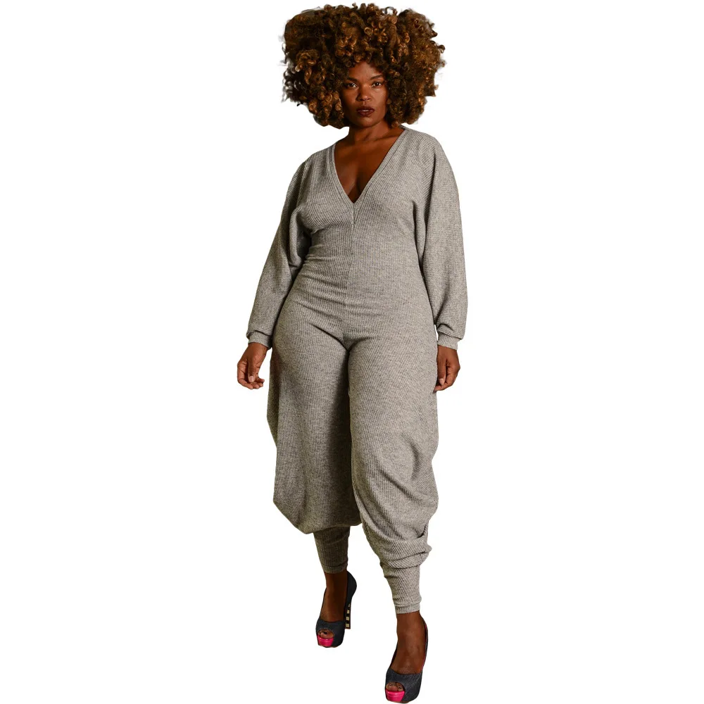 D8615 Autumn New Arrival Pitted Stripe Solid Color Sexy V-Neck Long Sleeve Patchwork Jumpsuit