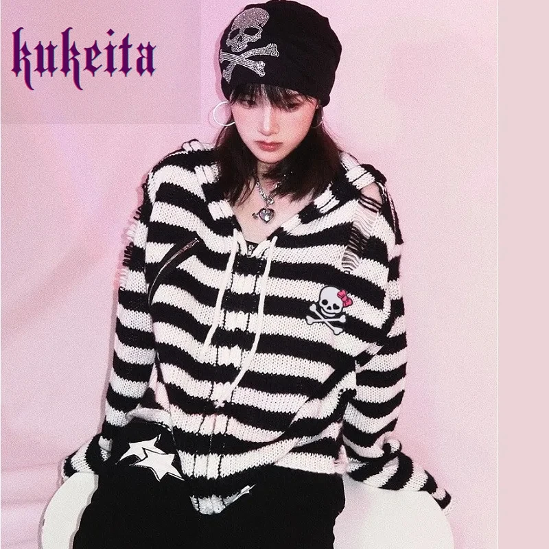 Women Sweater Harajuku Gothic Girl Skull Striped Knitted Sweater Punk Rock Zipper Loose Hooded Short Cardigan Chic Streetwear