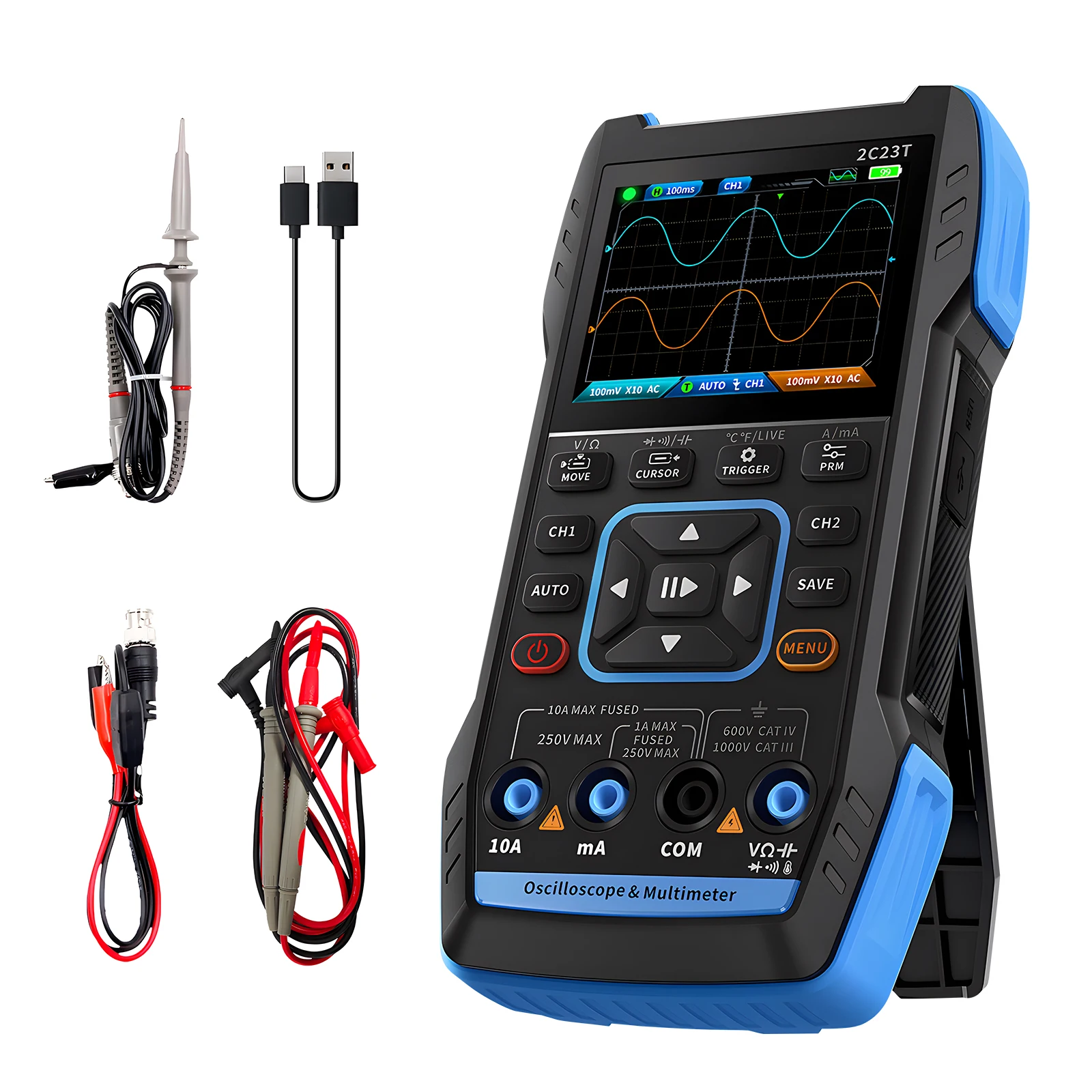 

Dual Channel 3-in-1 Digital Oscilloscope Handheld Oscilloscope, 4-Digit 9999 Count Multimeter, 7 Waveform Signal Generator