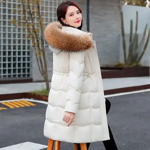 Damen Winter verdickte lange weiße Entendaunenjacke Pelzkragen modische koreanische Oberbekleidung warmer gemütlicher gepolsterter Mantel