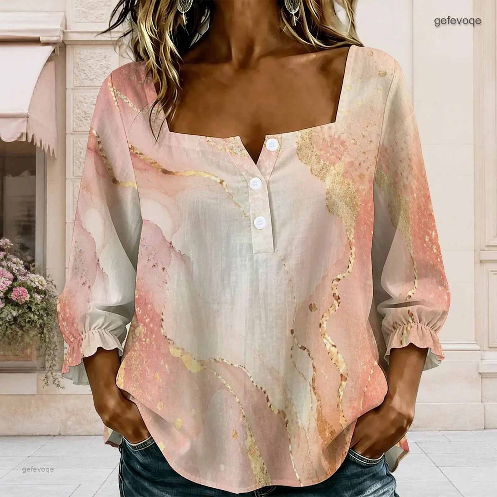 Square Neck Button Detail Long Sleeve Ruffle Cuffs Printed Blouse for Women