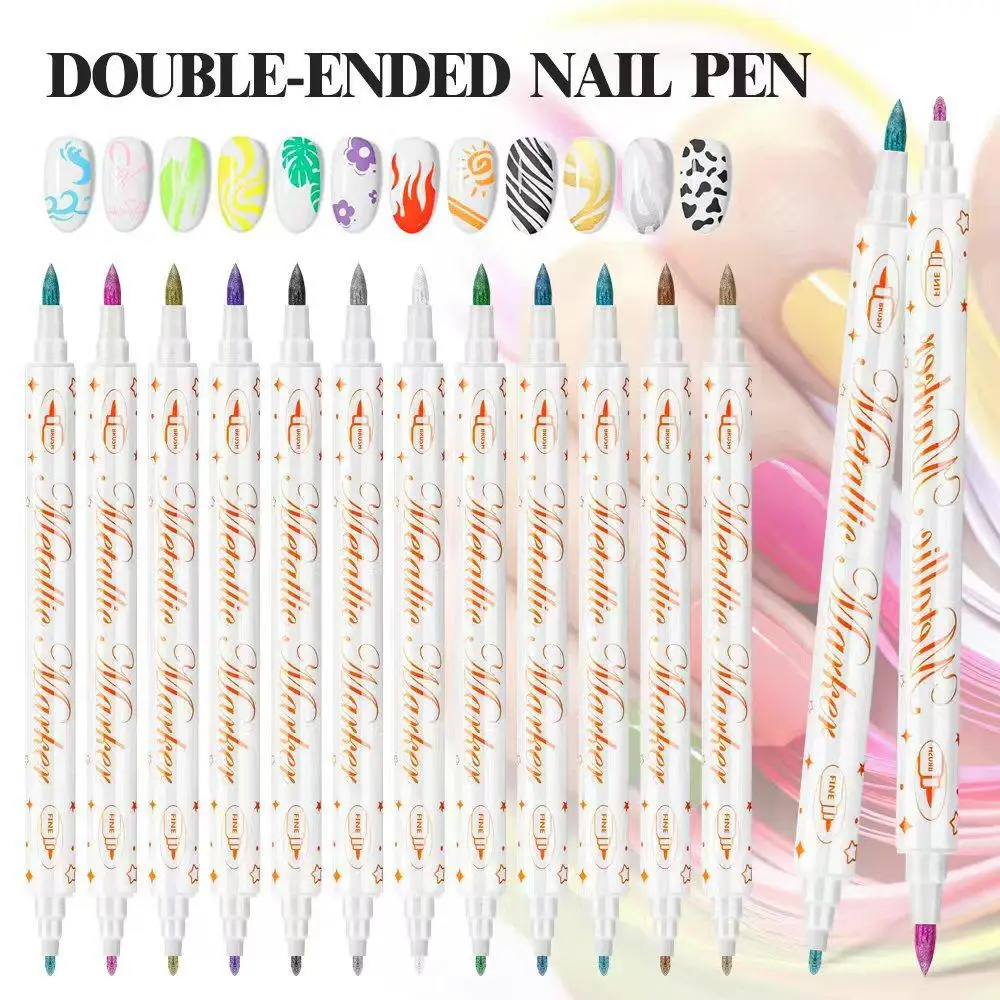 12 Pieces/Set Double-Ended Acrylic Nail Graffiti Pens, 12-Color Nail Markers, DIY 3D Nail Art Drawing Pens, Abstract Line Nail Art Tools, Painting Outline Pens