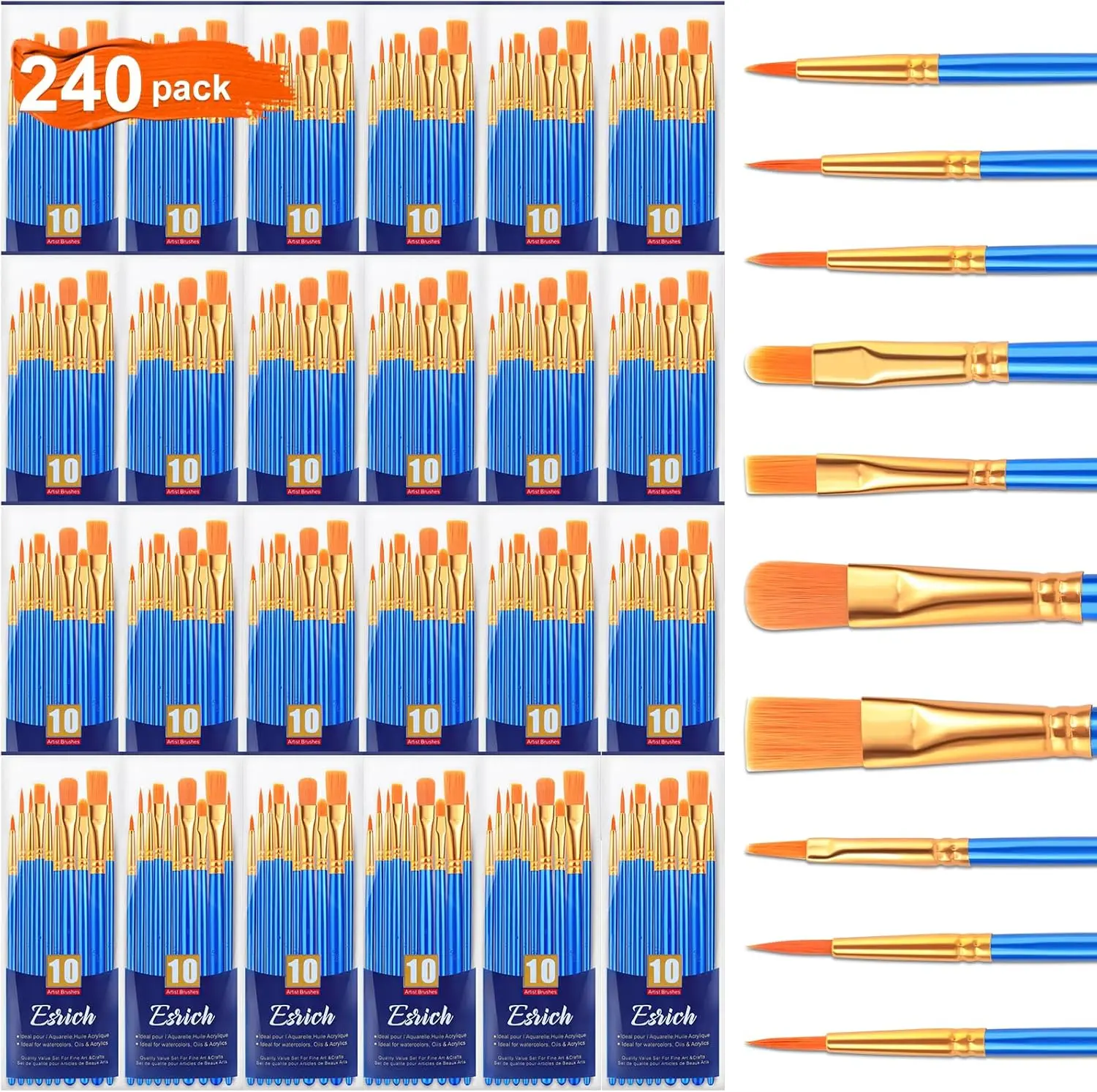 24/240 Pcs Acrylic Paint Brush Set, Nylon Bristles for Oil Watercolor, Art Supplies Kit for Kids Adults