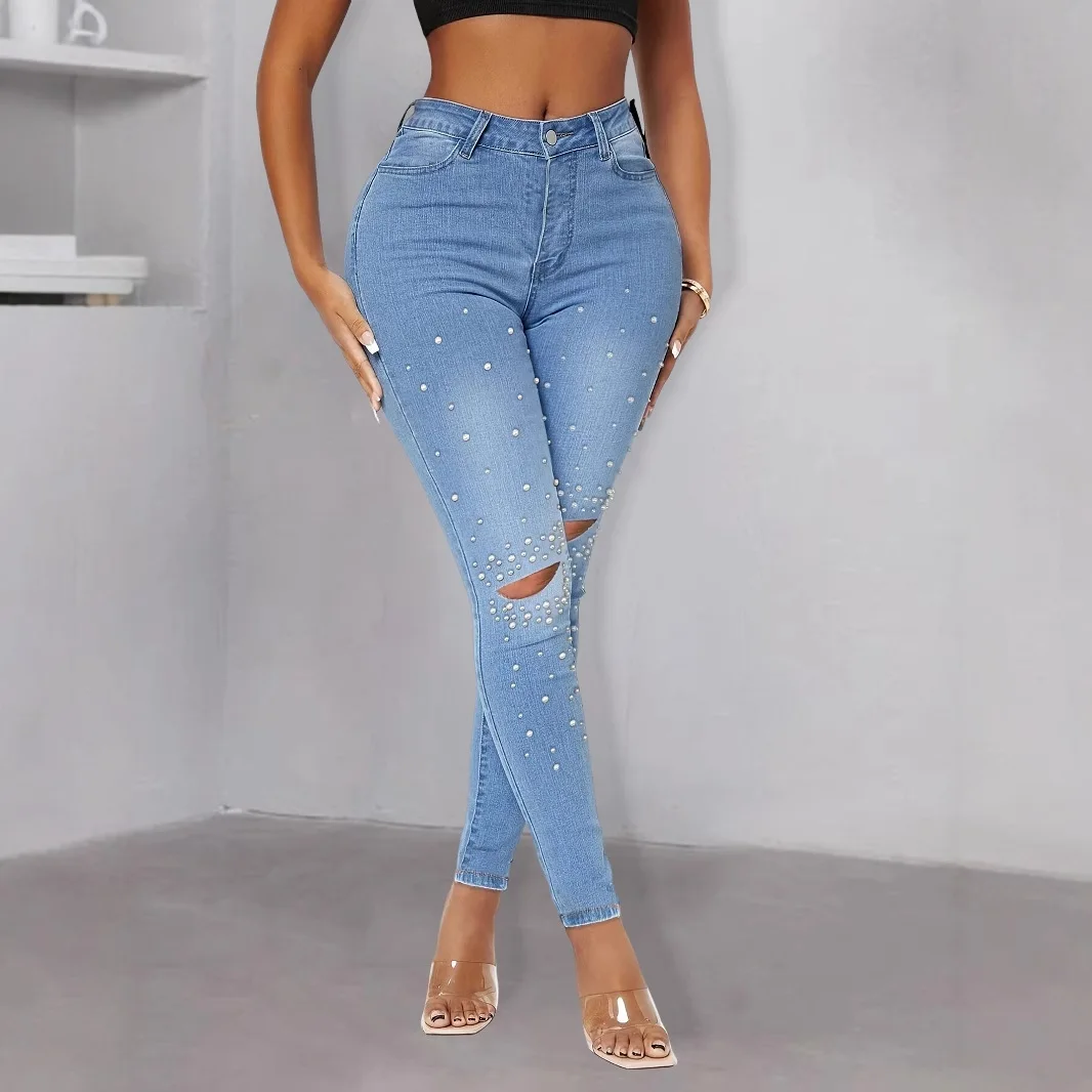 

Женские модные джинсовые брюки с жемчужными заклепками, уличная мода в европейском и американском стиле для женщин