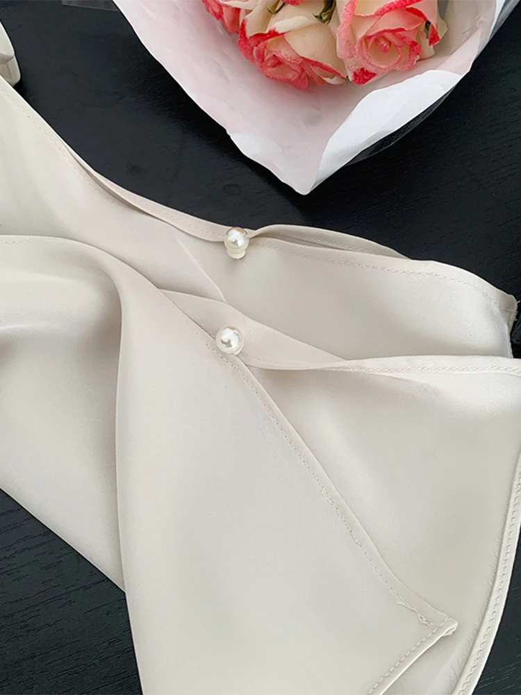 French Style Retro Solid Color Women Satins Shirt 2023 Fashion New Pleated Long Sleeve Blouses Female Slim Tie Up Clothes Chic