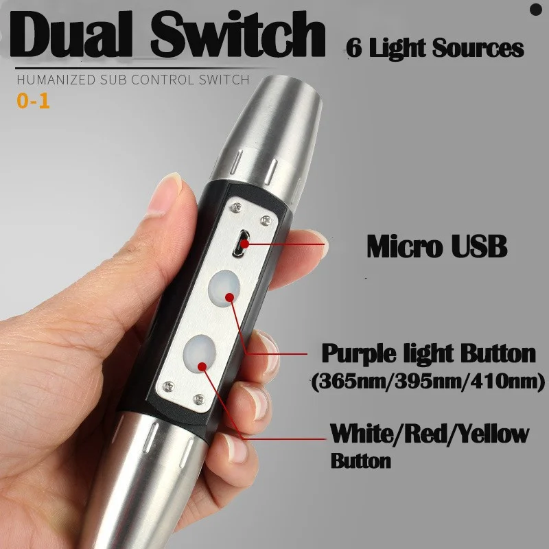 UV 365nm+395nm+Yellow+White LED Flashlight Inspect USB Recharge Built-in 18650 Torch Strong for Emerald Jewelry for Gems Amber