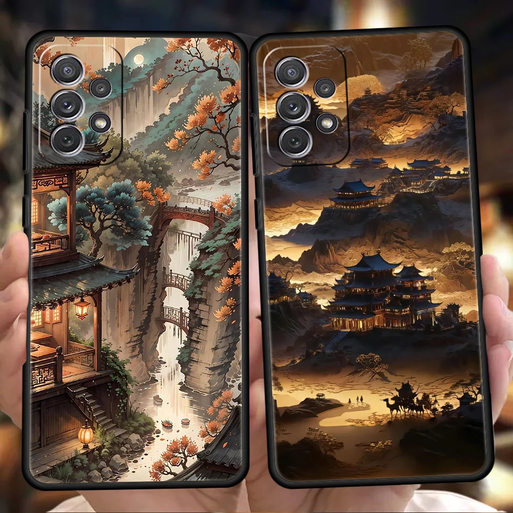 Phone Case for Samsung Galaxy A13 A15 A17 A22 A23 A25 A31 A32 A33 A35 A41 A51 A52 A55 5G Soft TPU Chinese Architecture Landscape