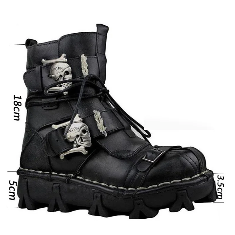 New Men\'s Genuine Leather Motorcycle Boots Tactical Combat Boots Mid-calf Gothic Skull Boots Red Punk Cowboy Boots Buckle Strap