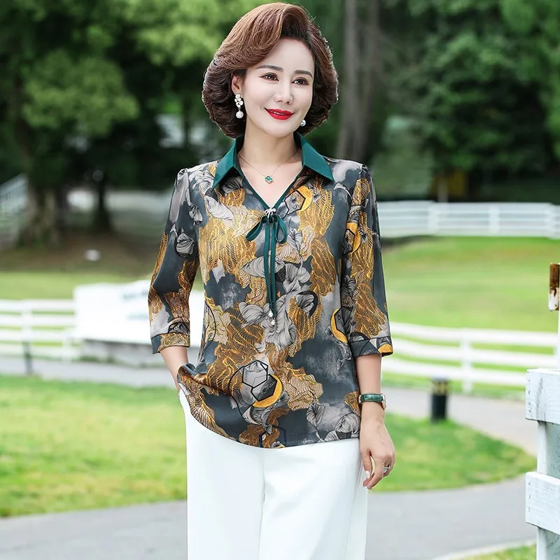 Office Lady Plant Printed Loose Blouse Casual 3/4 Sleeve Spring Summer Turn-down Collar Female Clothing Fashion Drawstring Shirt