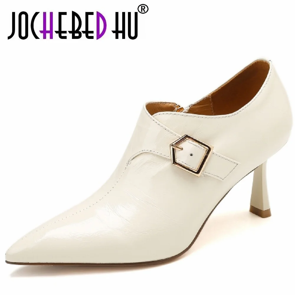 JOCHEBED HUWomen Handmade Genuine Leather Soft and comfortable Style High Thin Heel Belt Buckle Commute Skirt Pointed Toe Shoe