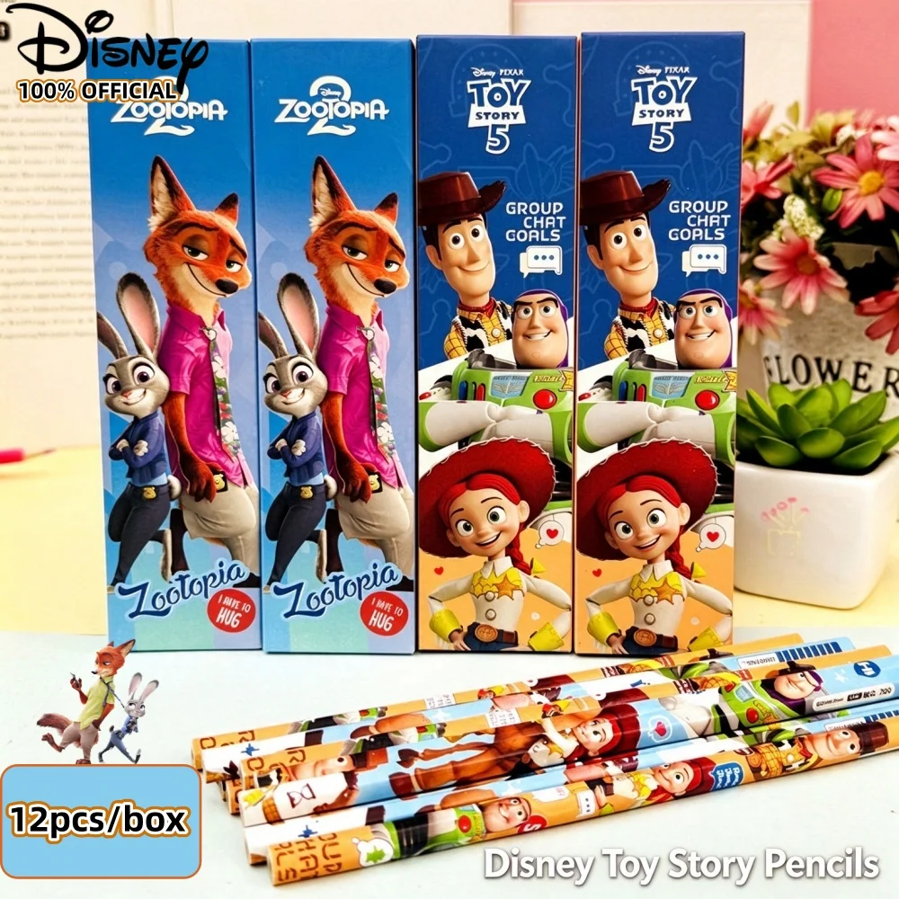 12Pcs Genuine Disney Cartoon HB Wood Pencils Zootopia Woody Jessie Smooth Writing Drawing Pencil School Office Stationery Gifts